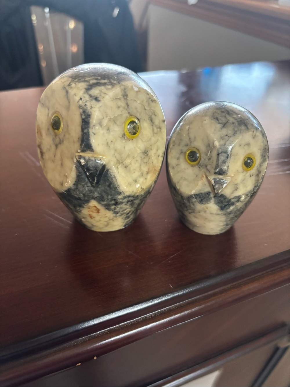 Handcrafted Stone Owl‎ Pair - Cream and Black Decorative Sculptures